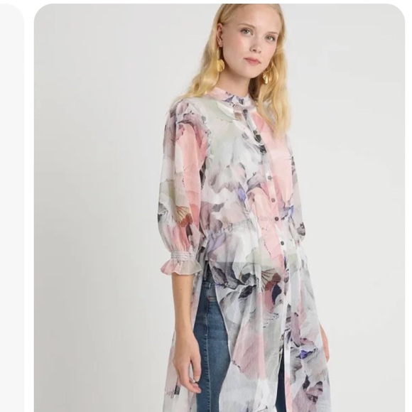 Vince Camuto Womens Side Tie Floral Print Tunic Top Ivory M - Picture 3 of 6